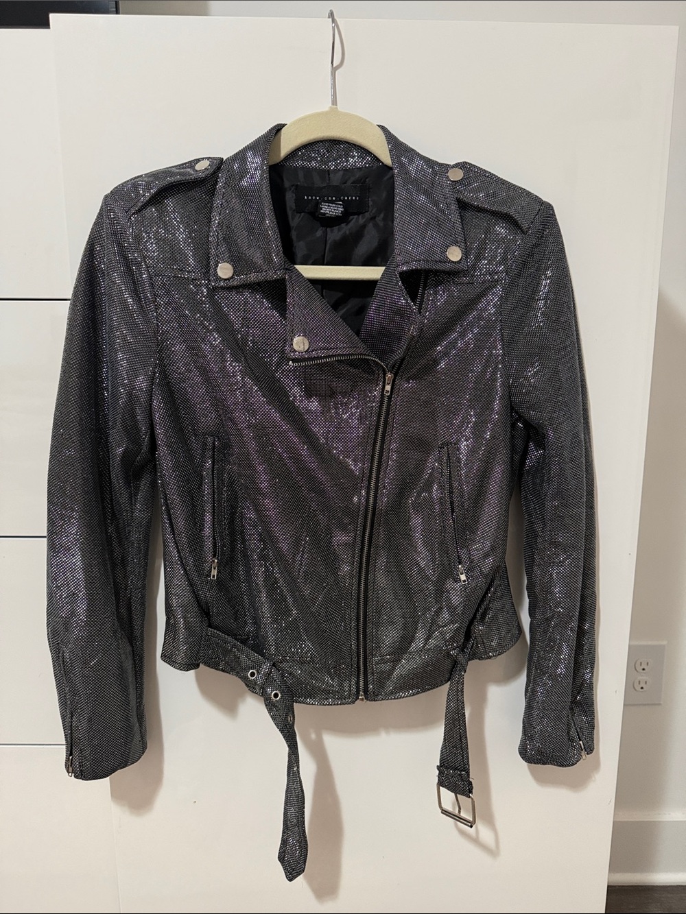 Womens Iridescent Black Moto Leather Jacket with Belt